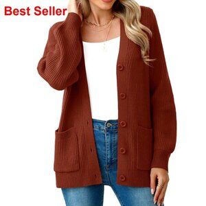 Chunky Knit Cardigan Sweater V Neck Button Up with Pocket Fall Winter